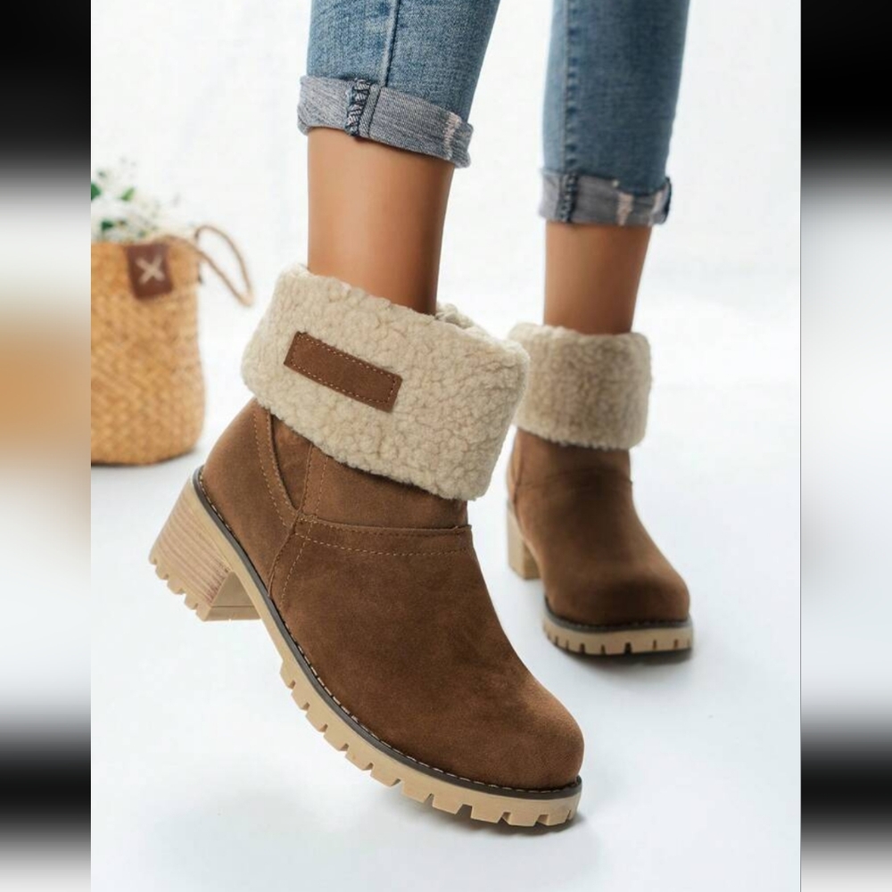 Women Warm Fur Ankle Boots Thick Heel